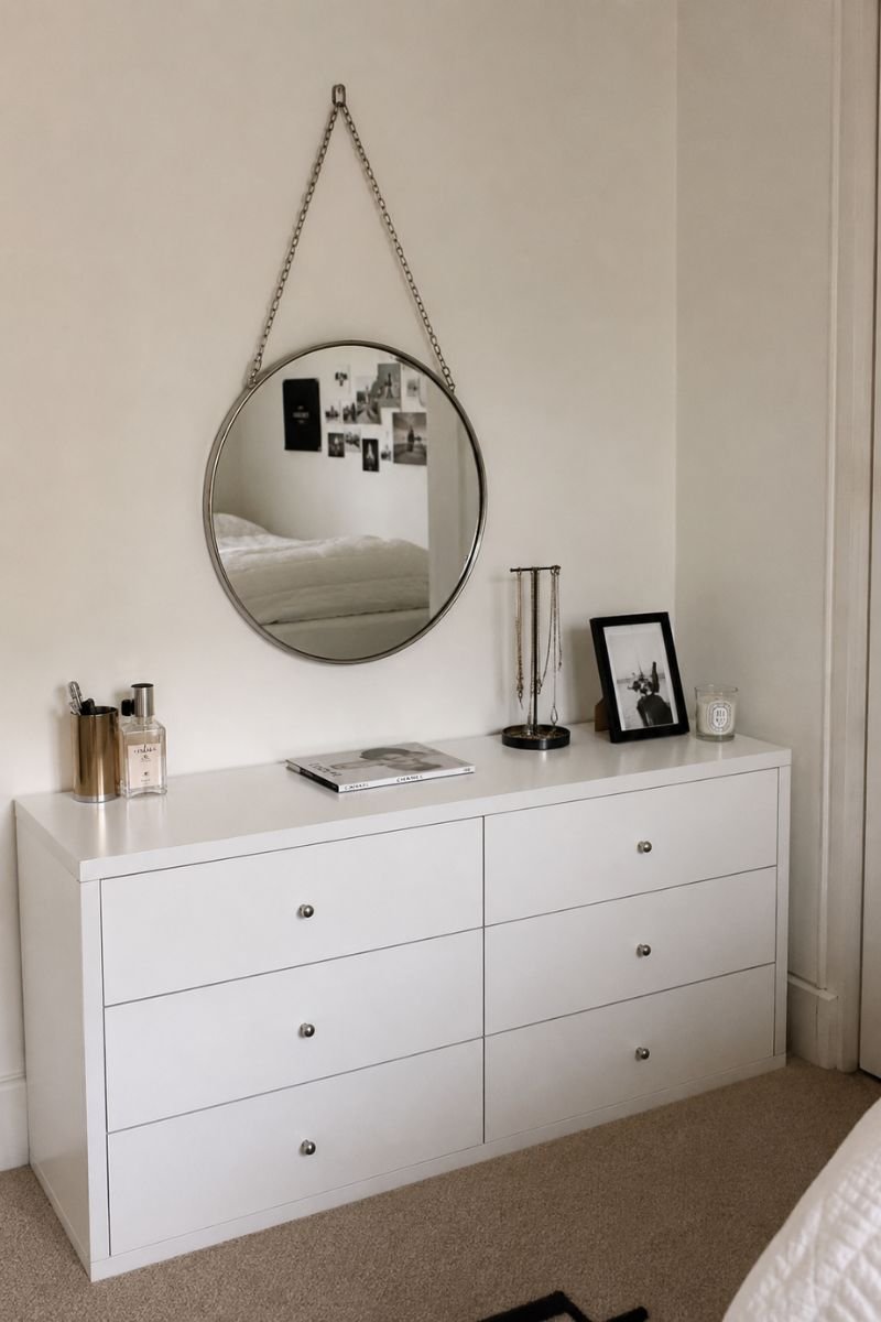 Round mirror on chain hanging above white dresser in Y2K bedroom