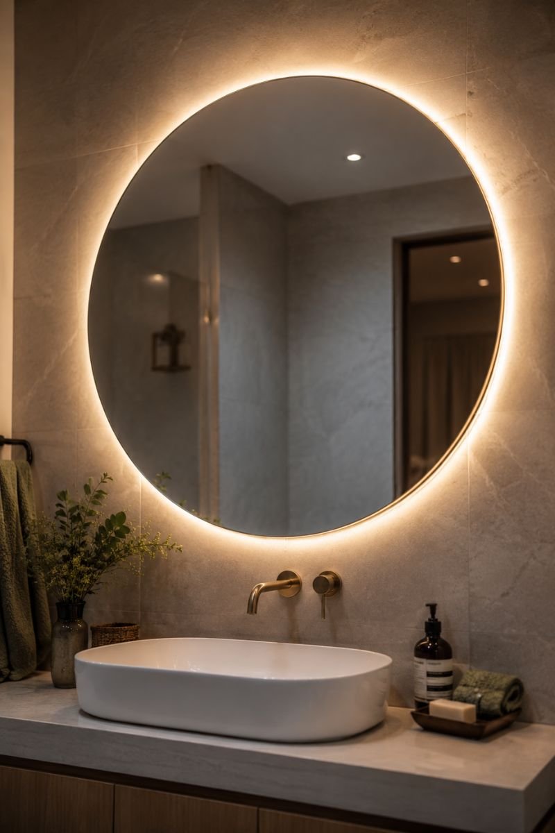 Round mirror with warm LED strip lighting creating spa-like glow
