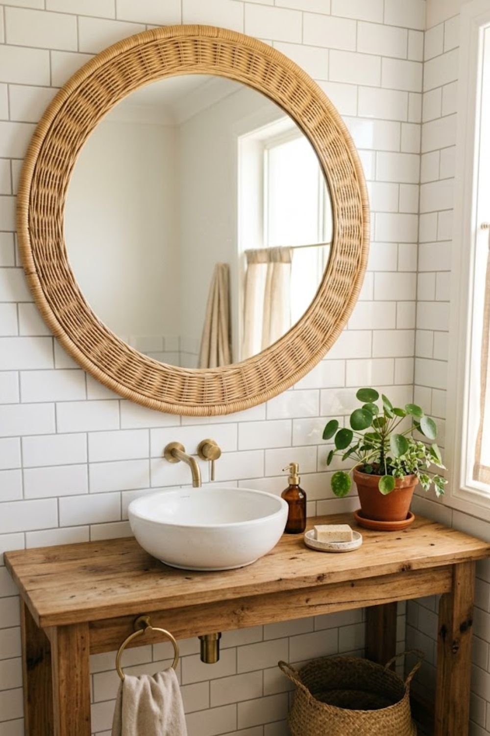 Round rattan framed mirror above a bathroom sink with natural wood and white tile