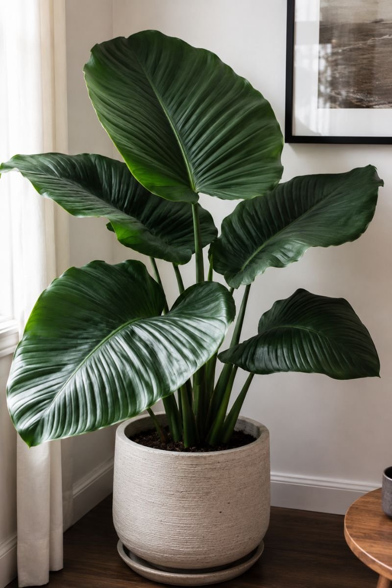 Rubber plant with large glossy leaves in bright room