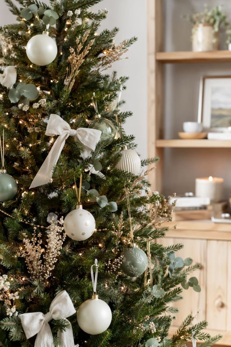 Sage green and warm white Christmas tree with ceramic ornaments dried botanicals and soft gold accents