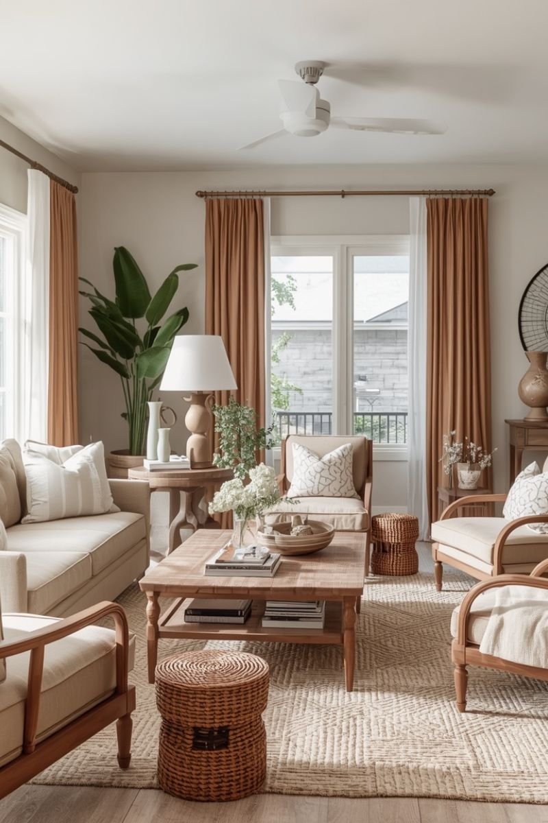 Sandy and earthy toned breezy summer living room with natural textures