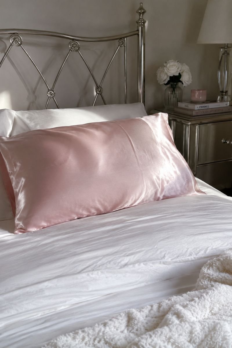 Satin pink pillowcase on white bedding in Y2K bedroom