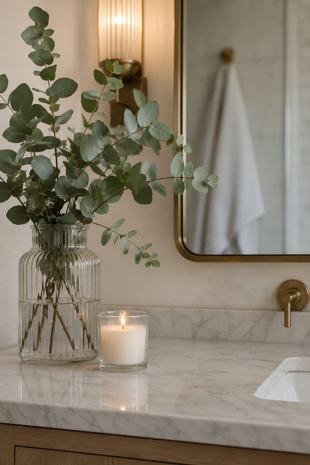 Scented candle and fresh eucalyptus in small bathroom
