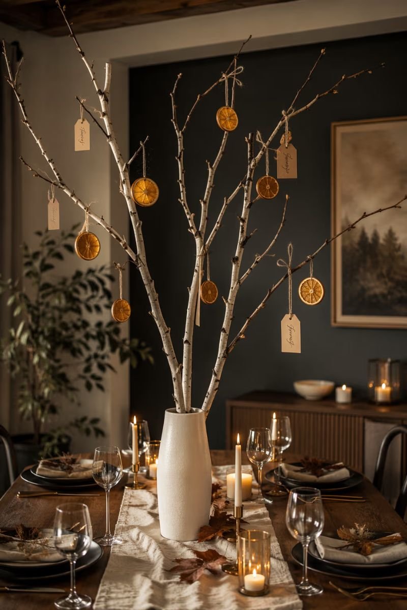 Sculptural branch centerpiece Thanksgiving table birch dried oranges tags ceramic vase