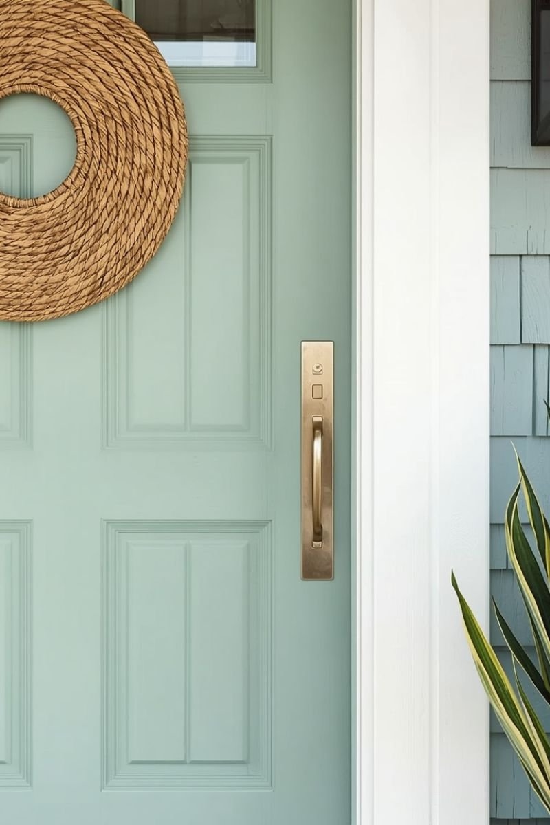 Seafoam green painted front door on a white coastal cottage exterior