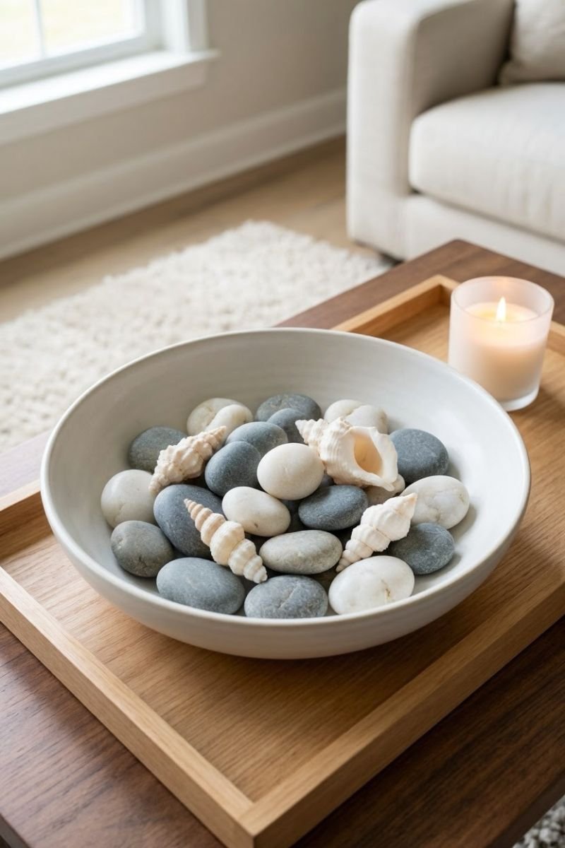 Shallow bowl of smooth stones and shells on a coffee table alongside a candle