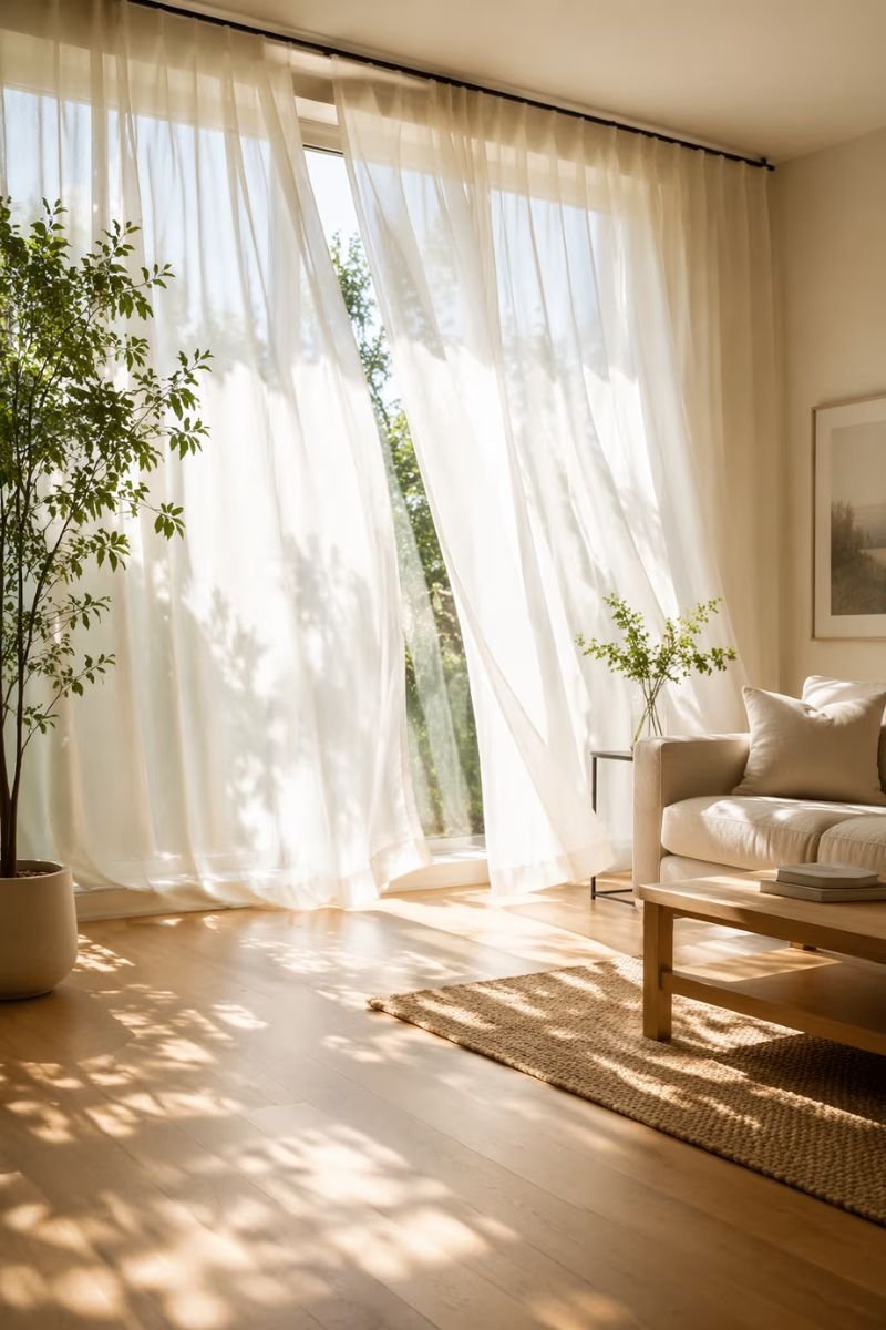 Sheer white curtain panels in a breezy airy summer living room