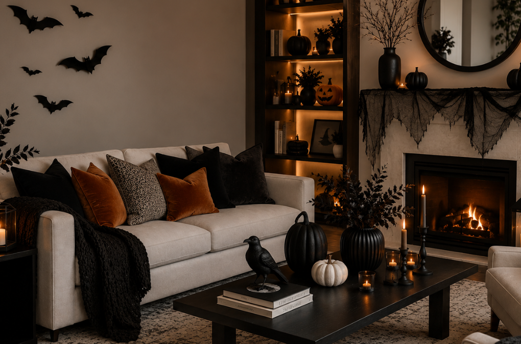 Simple Halloween home decor ideas with pumpkins, candles, and dark florals