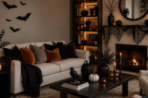 Simple Halloween home decor ideas with pumpkins, candles, and dark florals