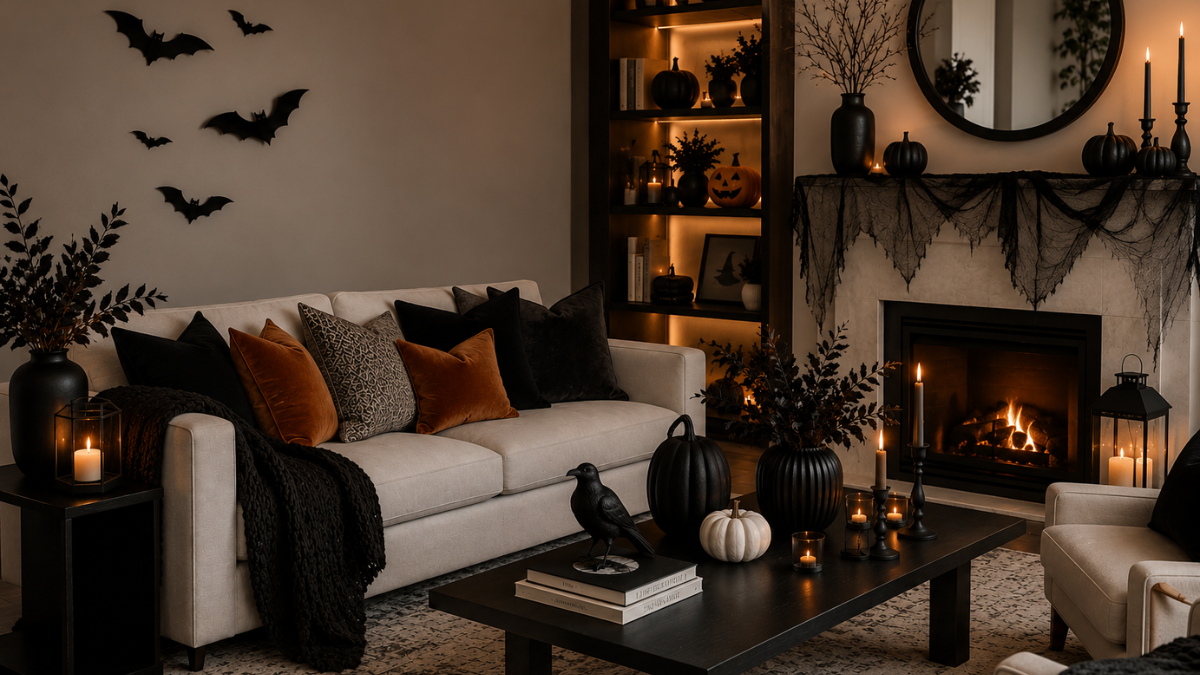 Simple Halloween home decor ideas with pumpkins, candles, and dark florals
