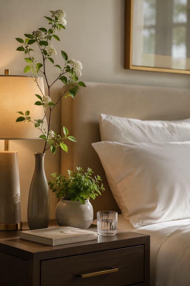 Single stem greenery in a vase on a nightstand in a luxury hotel style bedroom