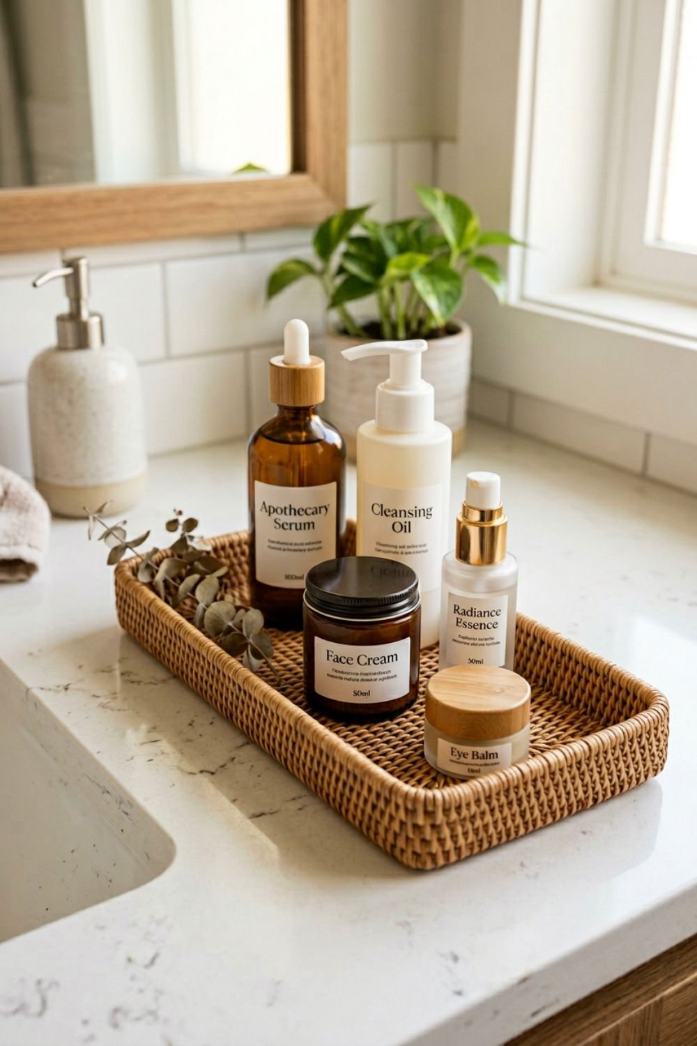 Skincare products arranged in a rattan tray on a bathroom counter in a spa style bathroom