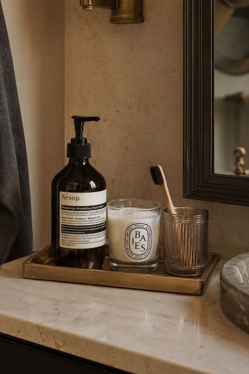 Small bathroom counter tray styled with luxury soap candle and toothbrush holder