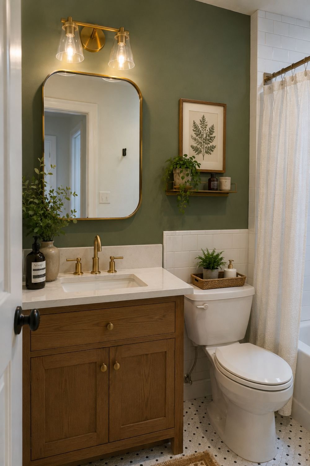 Small bathroom with sage green accent wall behind white sink and brass mirror