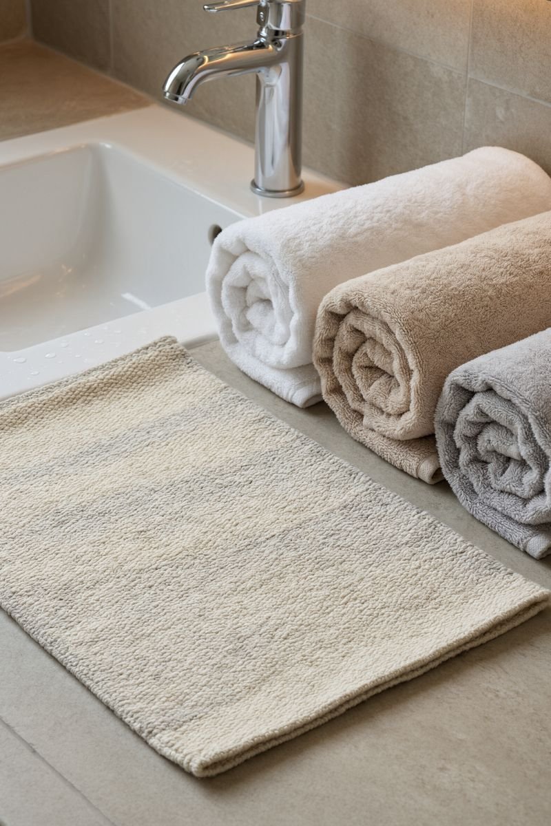 Small cream linen bath rug in front of bathroom sink beside rolled towels