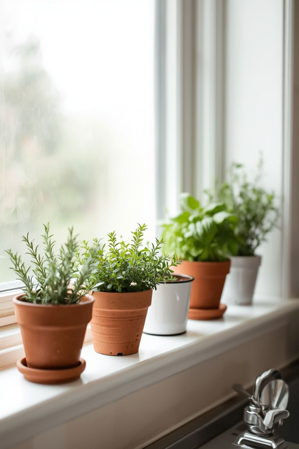 Small mismatched herb pots with rosemary basil thyme and mint on a kitchen windowsil