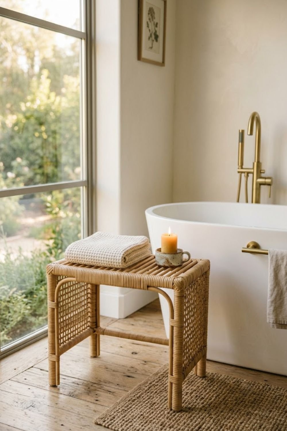 Small rattan stool beside a bathtub with a folded towel and candle on top