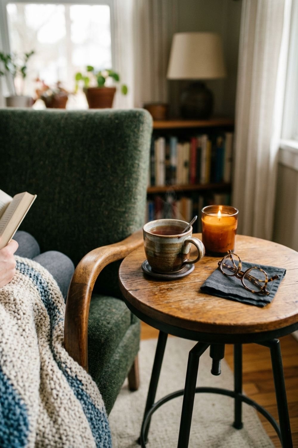 Small round side table next to a reading chair with tea candle and reading glasses