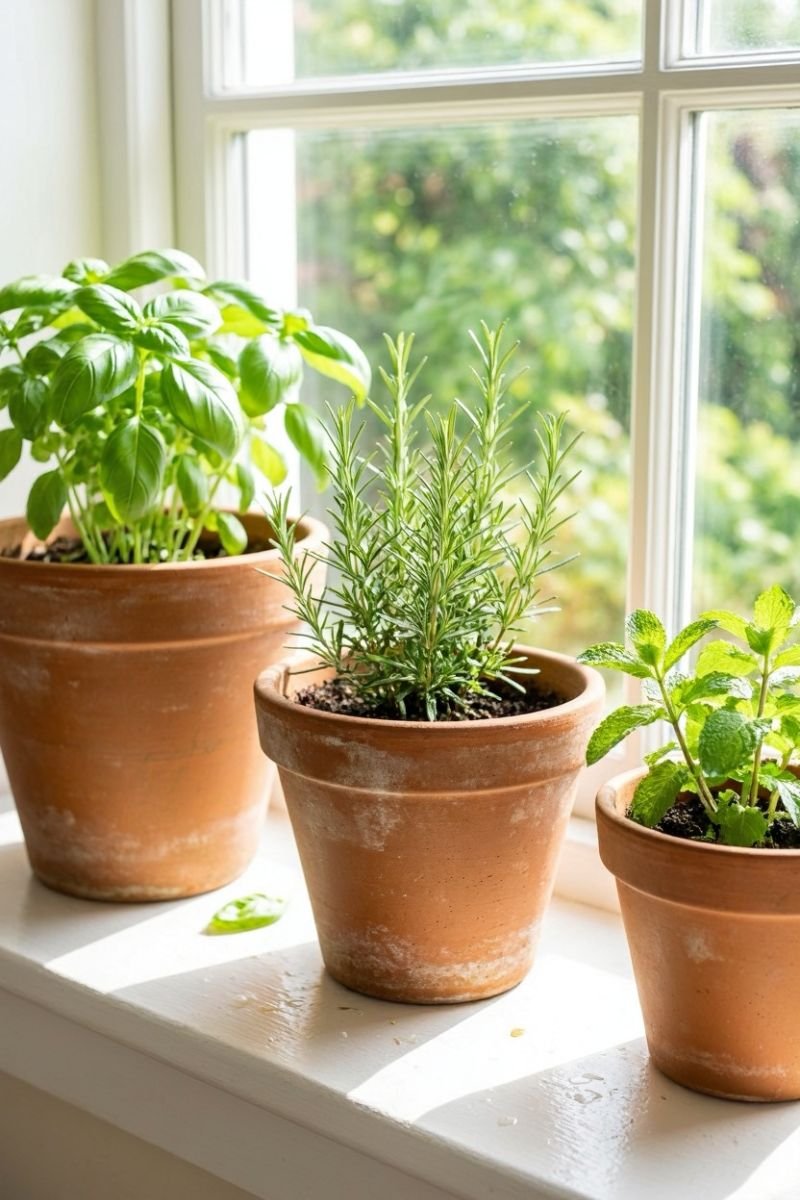 Small terracotta herb pots with basil mint and rosemary on a sunny kitchen windowsill