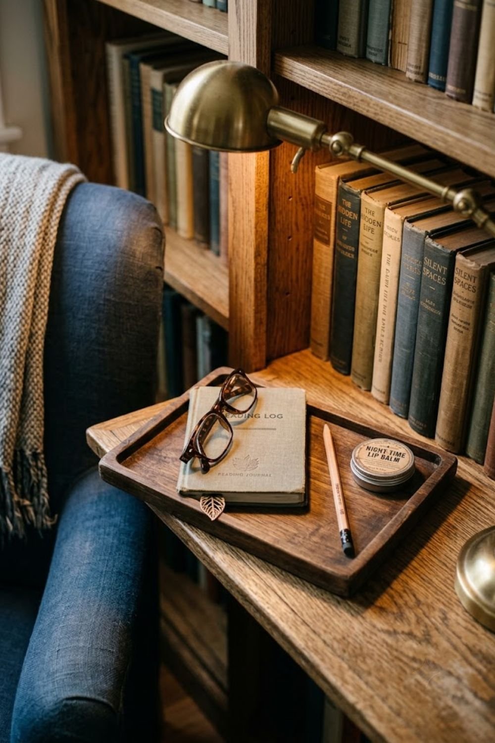 Small tray on a reading nook shelf with bookmark journal pencil and reading glasses