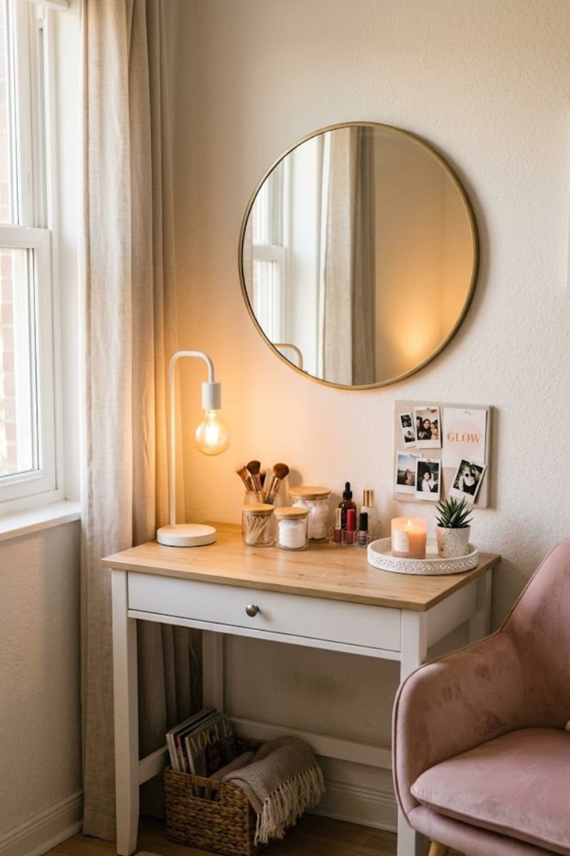 Small vanity corner with mirror and warm lighting in Y2K bedroom
