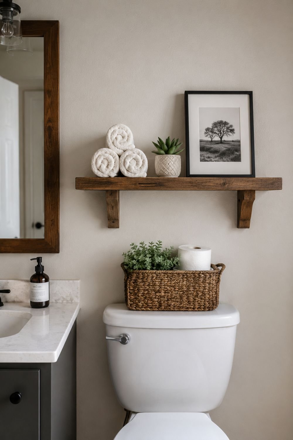 Small wooden shelf above toilet with rolled towels succulent and framed print