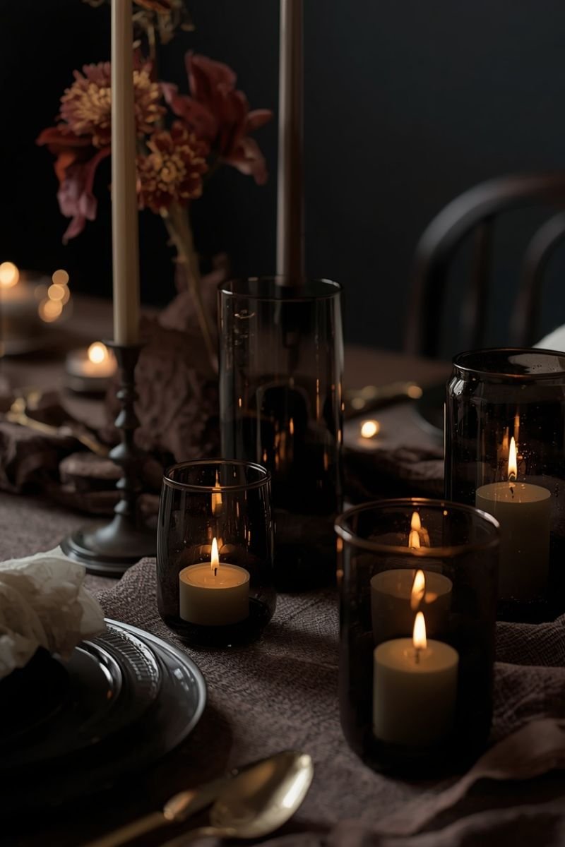 Smoked glass vessels tea lights moody candlelight elegant Halloween tablescape