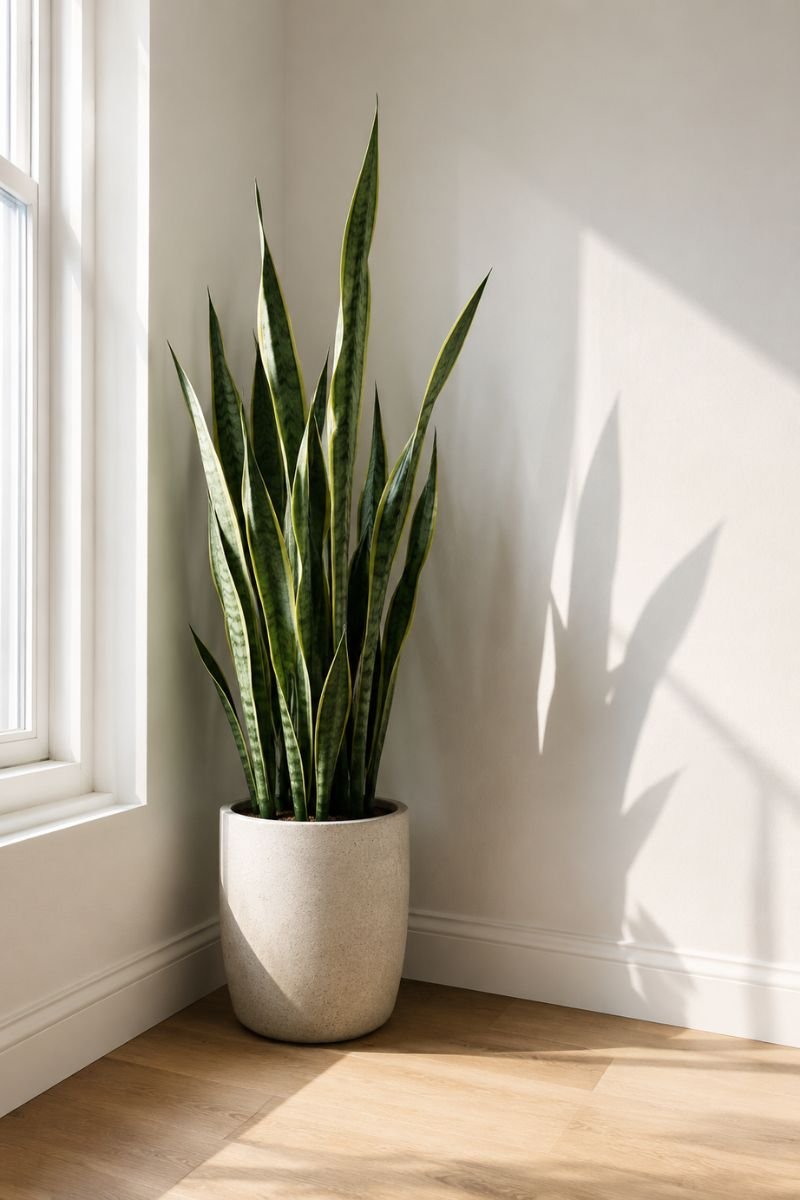 Snake plant with striped leaves in corner of bright room