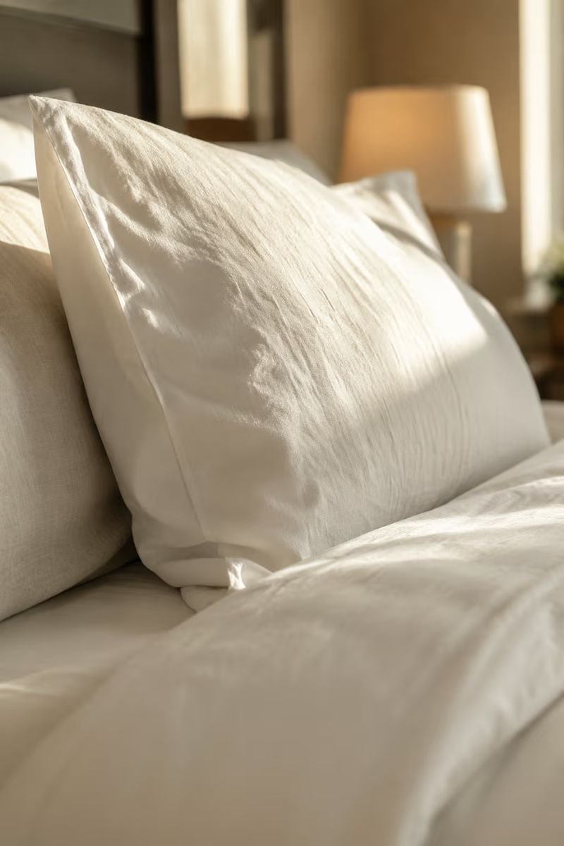 Soft linen pillowcases on a cozy hotel style bedroom bed