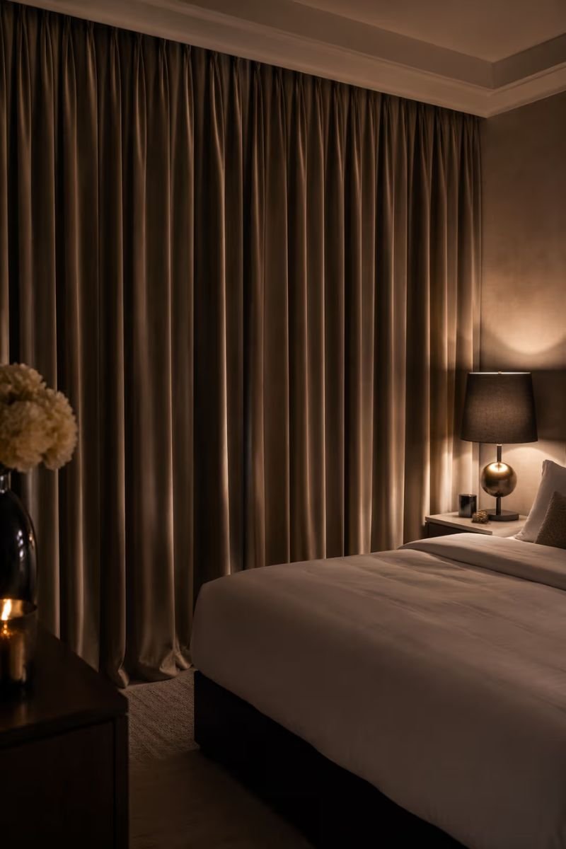 Soft velvet blackout curtains in a cozy luxury hotel style bedroom