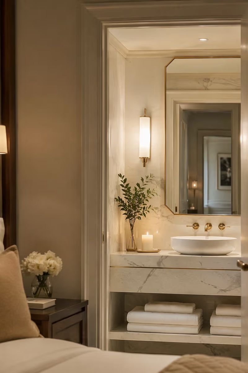 Spa like en suite bathroom with white towels and candle in a luxury hotel bedroom