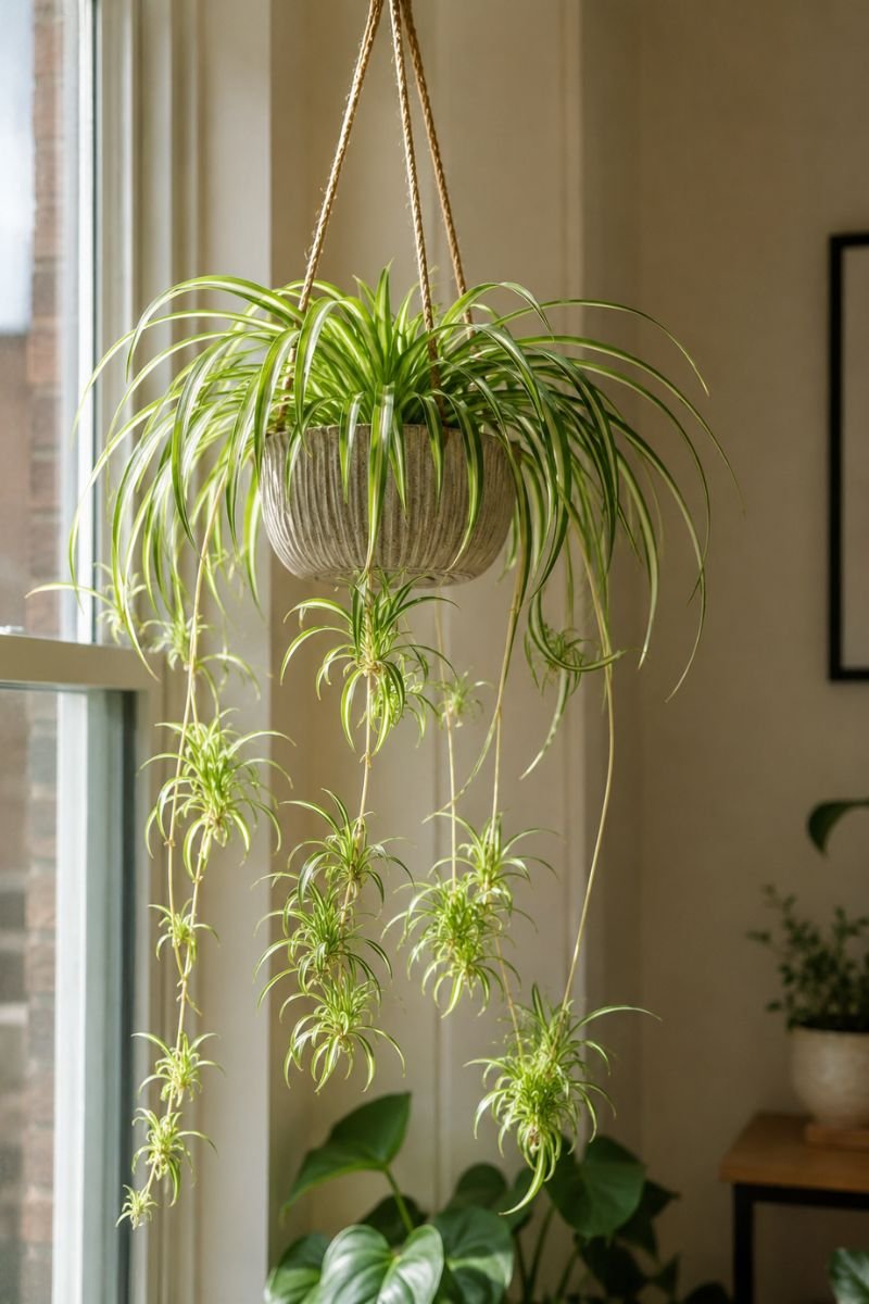 Spider plant with babies hanging from mature plant in bright room