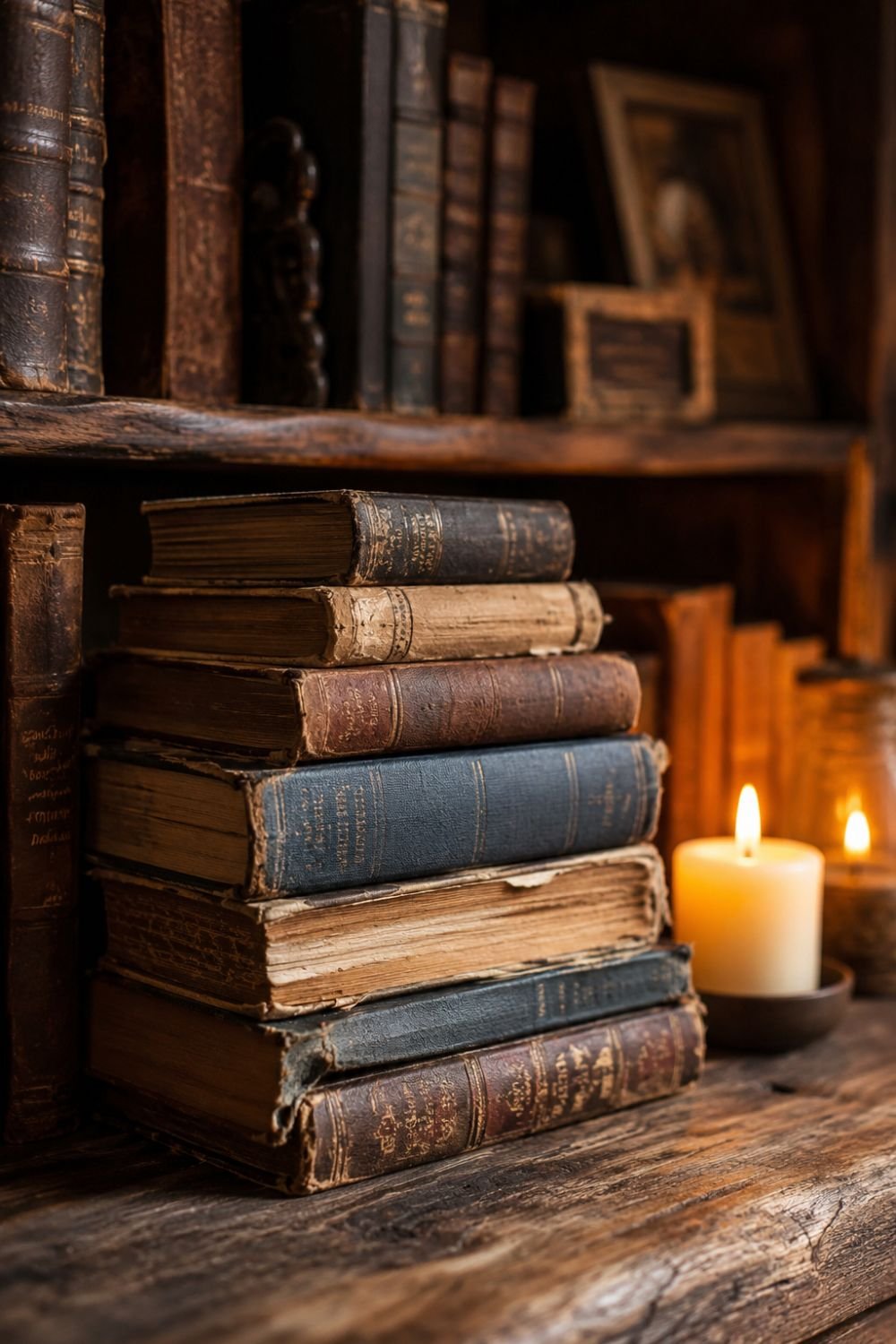 Stack of vintage books in cottagecore style with warm candlelight