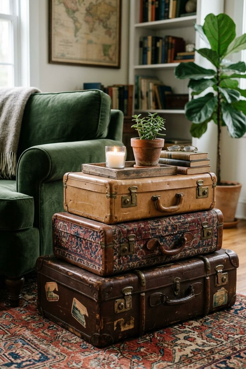 Stacked vintage suitcases used as a side table next to a sofa