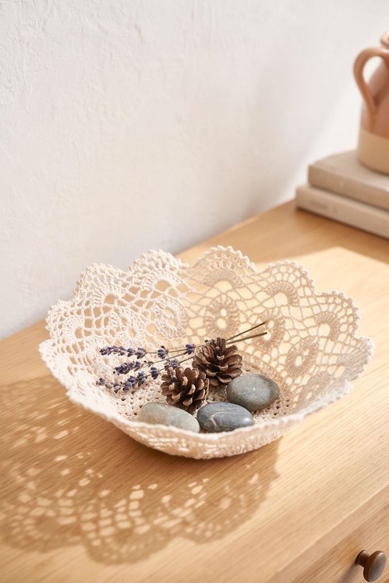 Starched doily shaped into a small bowl with dried flowers inside