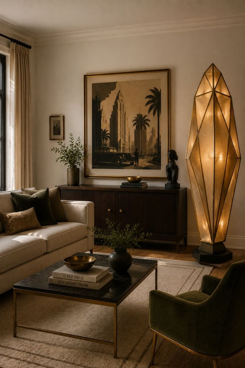 Statement sculptural floor lamp or oversized gold framed art in a Neo Deco living room