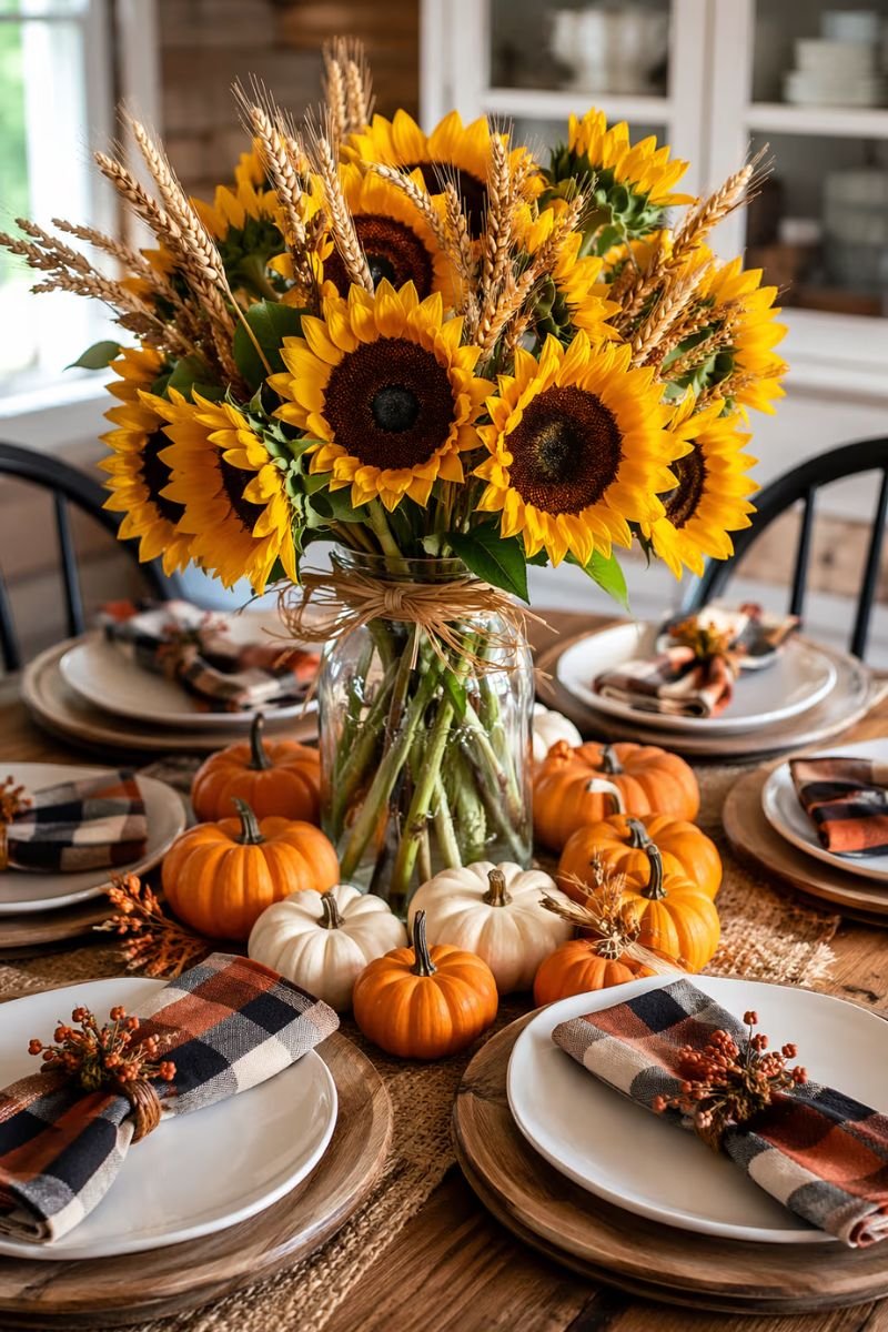 Sunflower pumpkin farmhouse Thanksgiving table mason jar galvanized vase plaid napkins