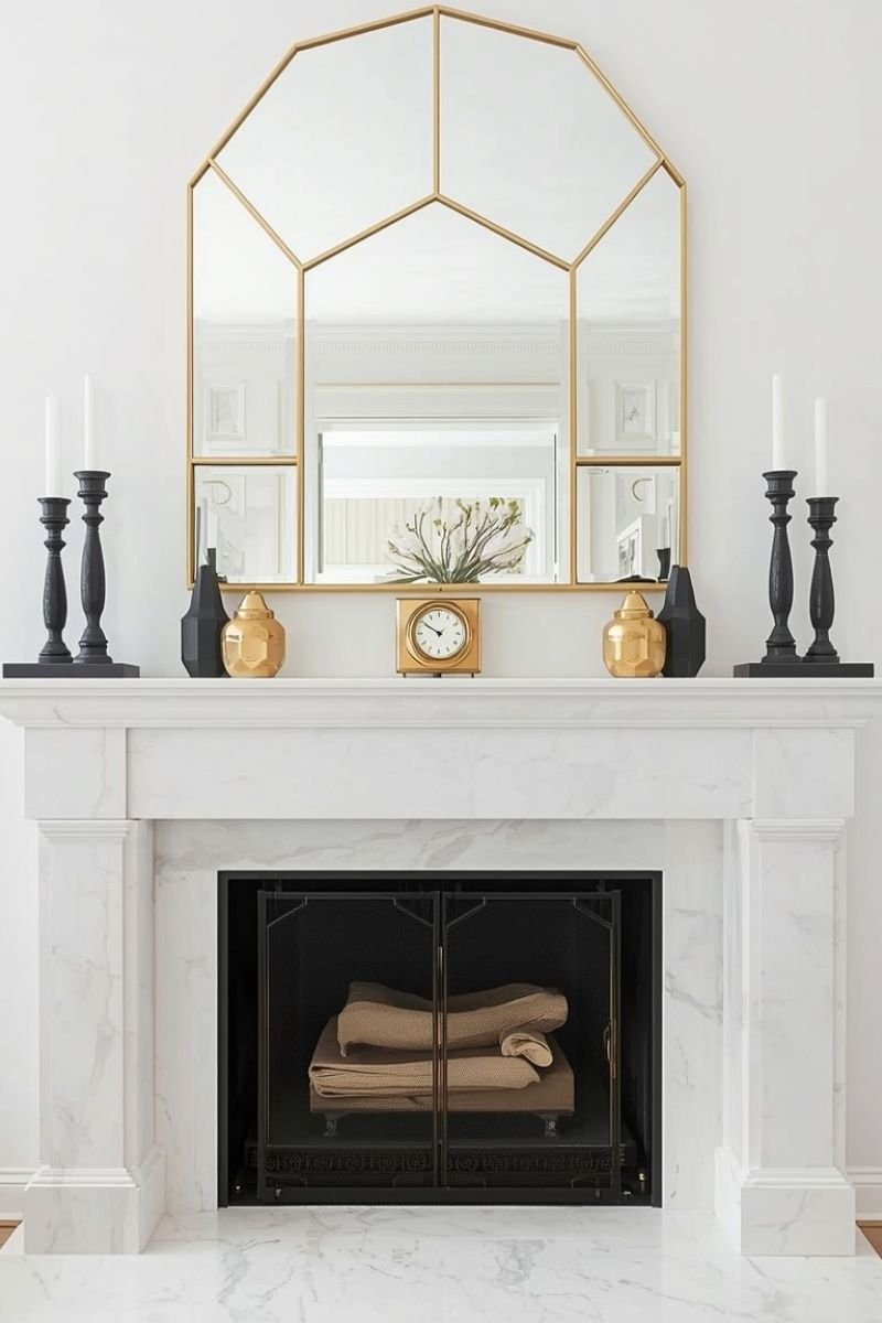 Symmetrical fireplace mantel with black candlesticks gold clock and geometric mirror above