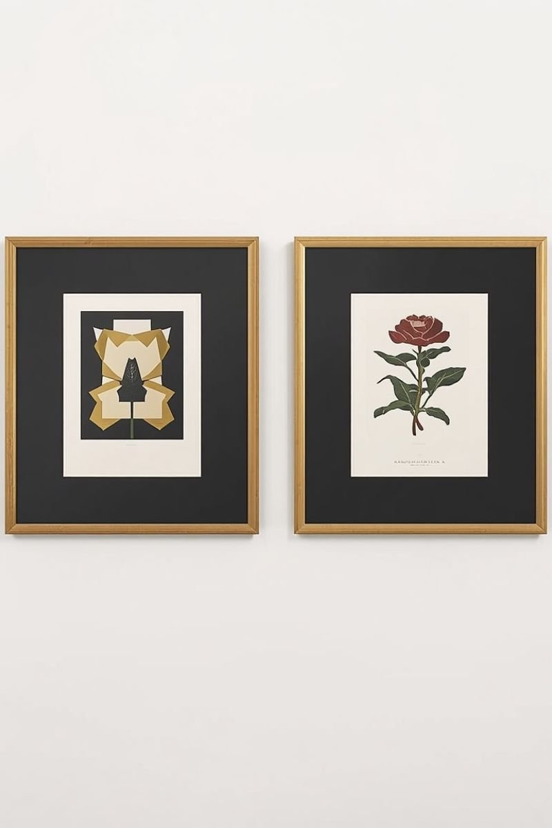 Symmetrical row of gold framed art with wide mats on a white living room wall