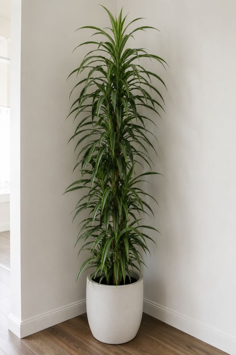 Tall dracaena plant with striped leaves in corner