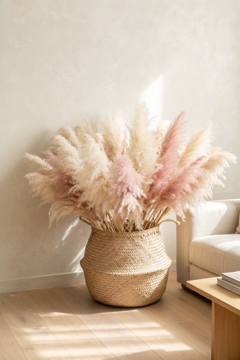 Tall dried pampas grass in a terracotta basket on the floor of an African boho living room