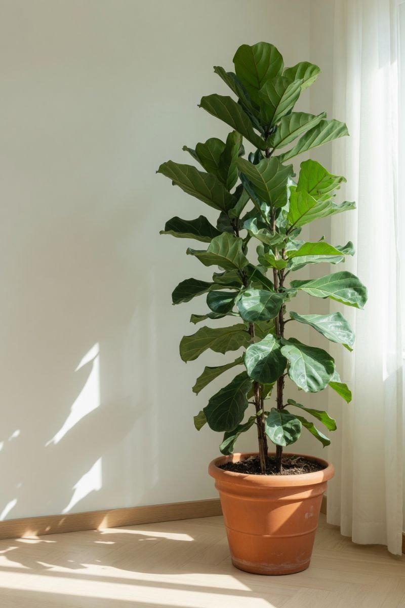 Tall fiddle leaf fig in white pot in a bright living room corner near a window