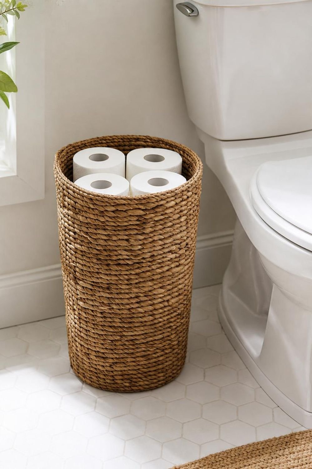 Tall woven seagrass basket holding toilet paper rolls beside a bathroom toilet