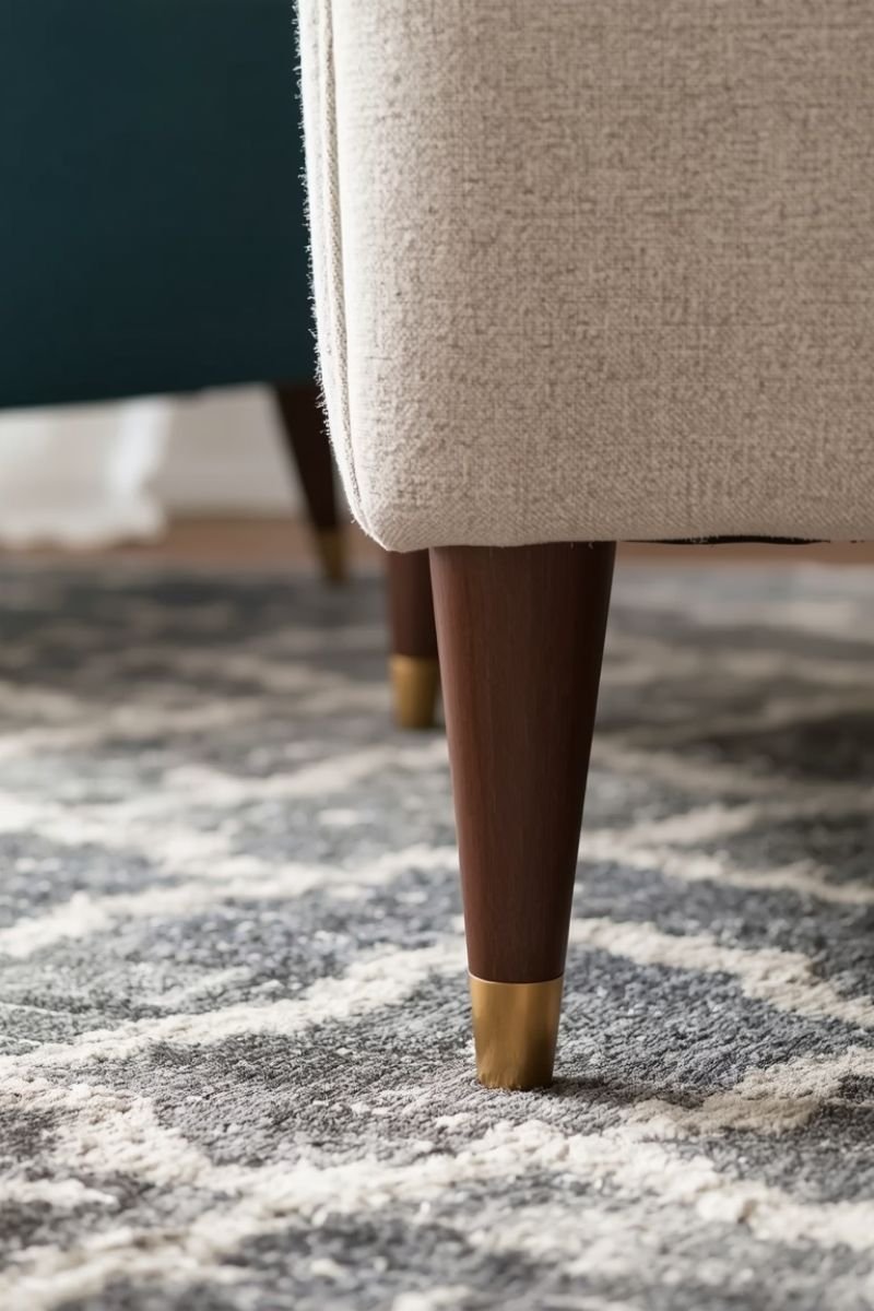Tapered brass legs on a side table sitting on a geometric rug in a Neo Deco room