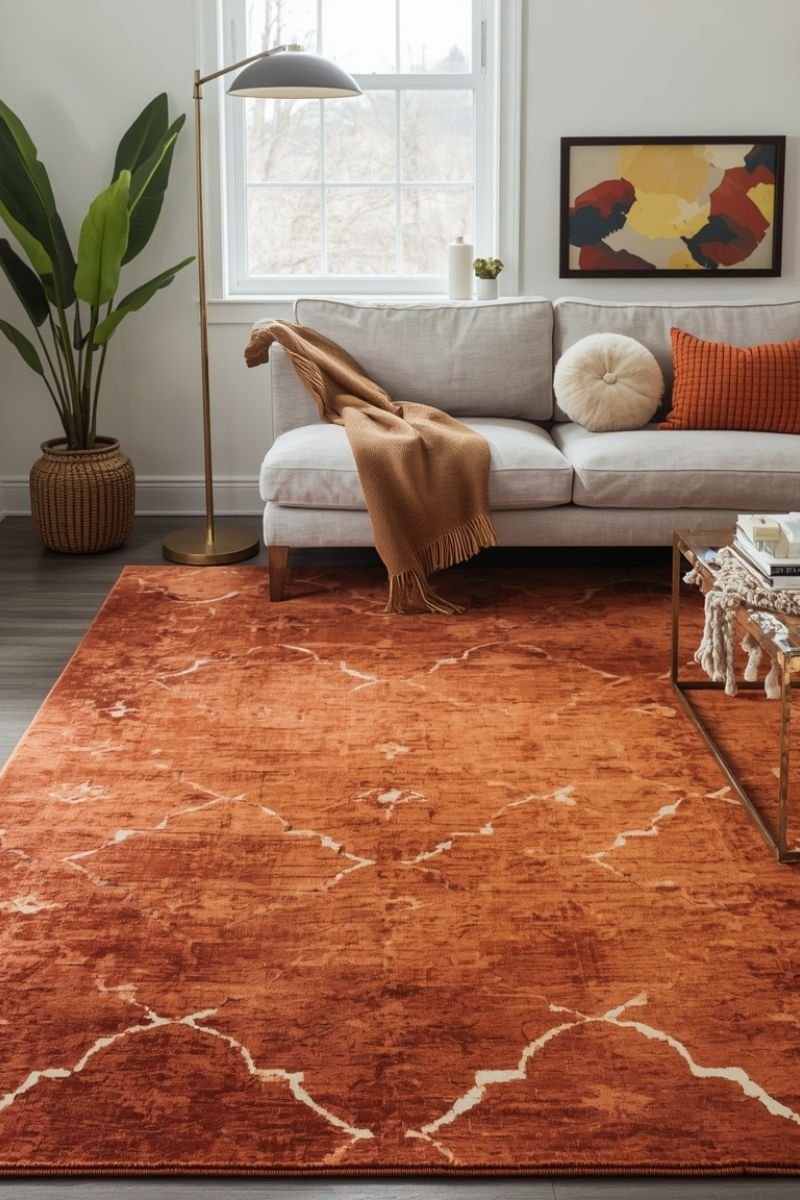 Terracotta burnt orange area rug living room fall decor warm tones