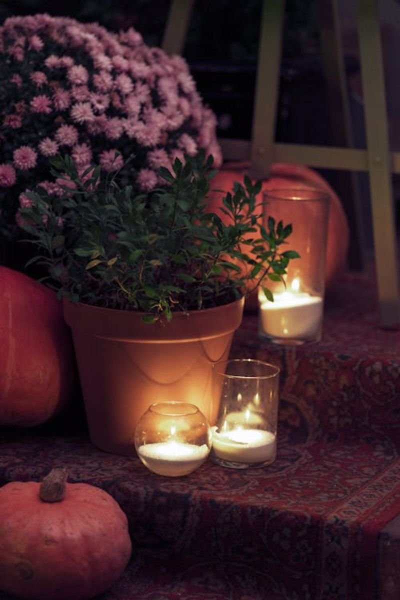 Terracotta pot painted cream white mum plant front door fall porch Dollar Tree