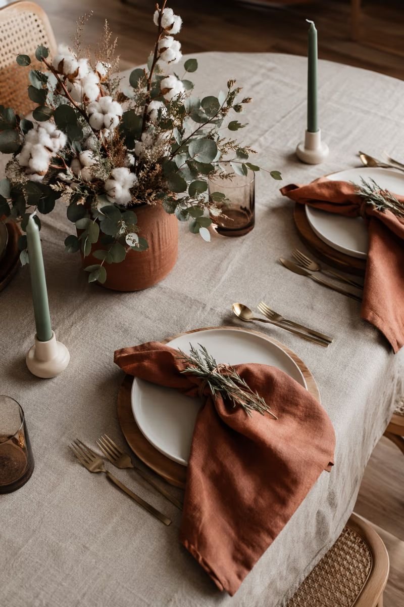 Terracotta sage modern Thanksgiving tablescape linen candles cotton stems eucalyptus