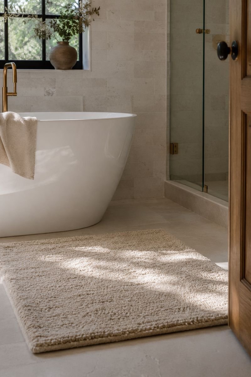 Thick textured bath mat in cream tone in front of bathtub