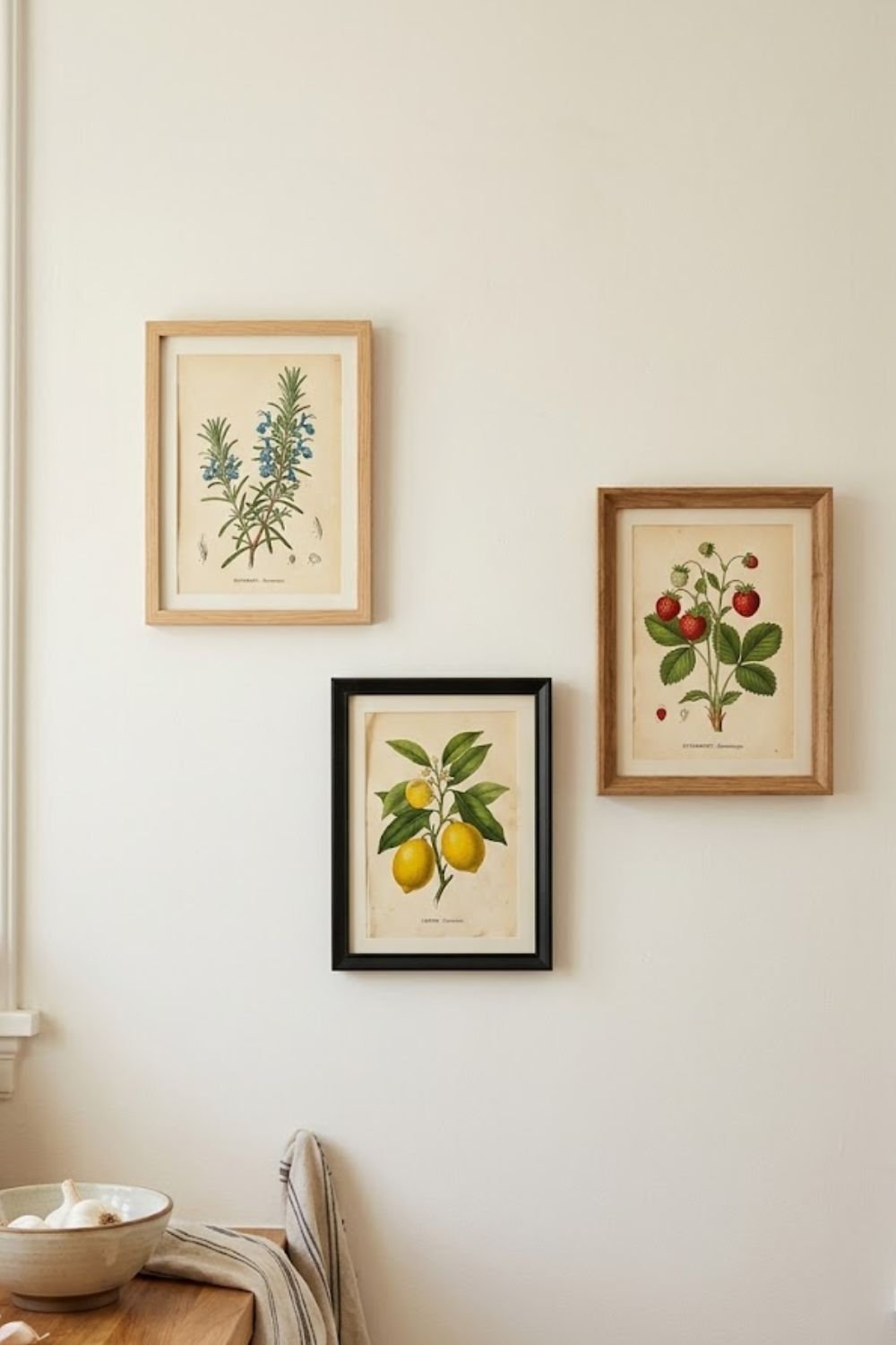 Three framed vintage botanical prints of herbs and fruit on a warm white kitchen wall"